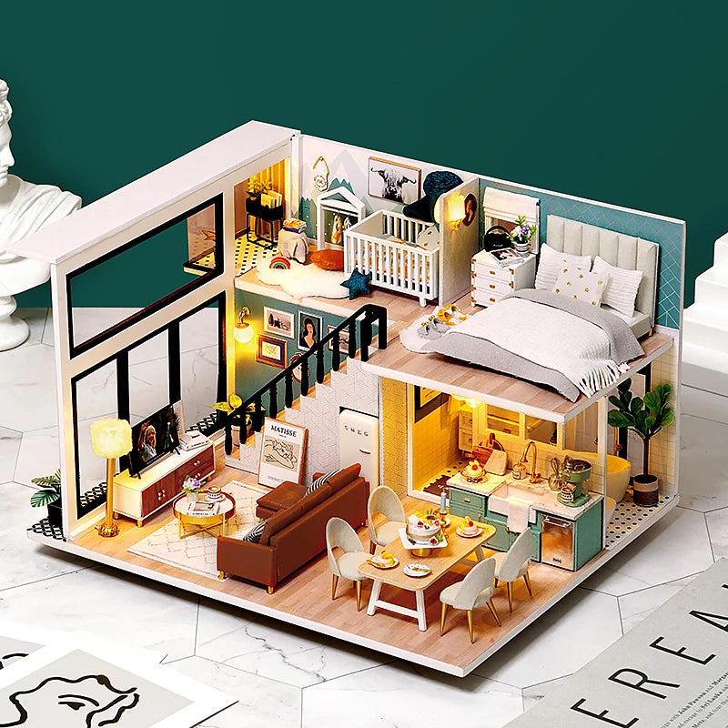 Maison de poupée en bois DIY – Puzzle 3D Duplex avec meubles, jouet cadeau