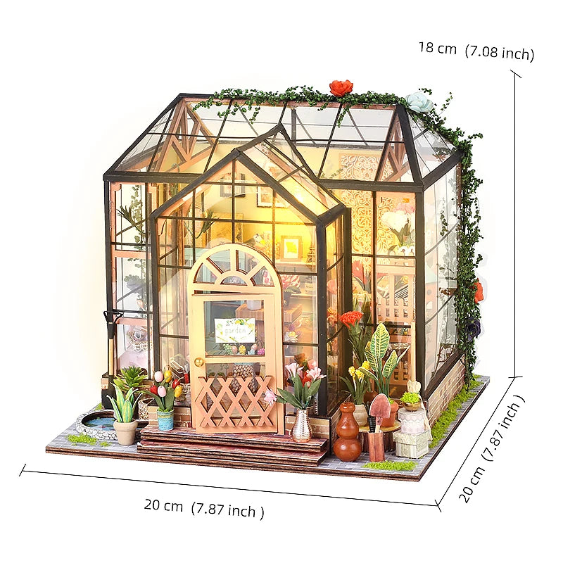 Maison de poupée miniature DIY en bois – Jardin fleuri avec LED pour étagère