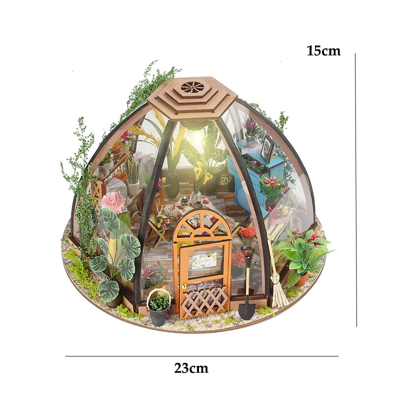 Maison de poupée miniature DIY en bois – Jardin fleuri avec LED pour étagère
