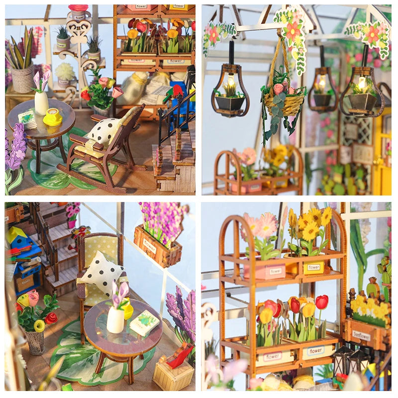 Maison de poupée miniature DIY en bois – Jardin fleuri avec LED pour étagère