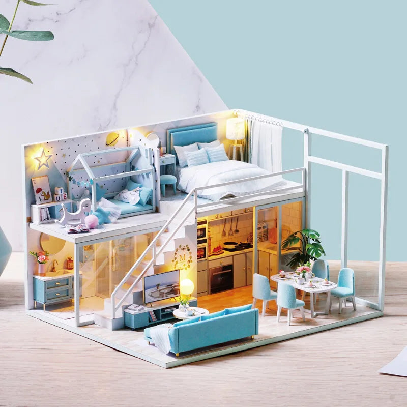 Maison de poupée en bois DIY – Puzzle 3D Duplex avec meubles, jouet cadeau