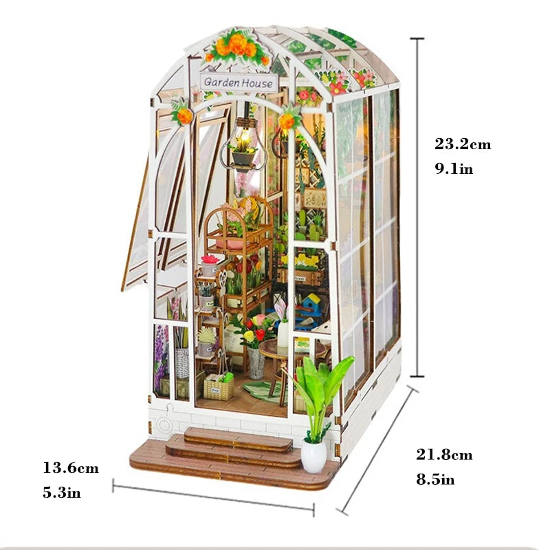 Maison de poupée miniature DIY en bois – Jardin fleuri avec LED pour étagère