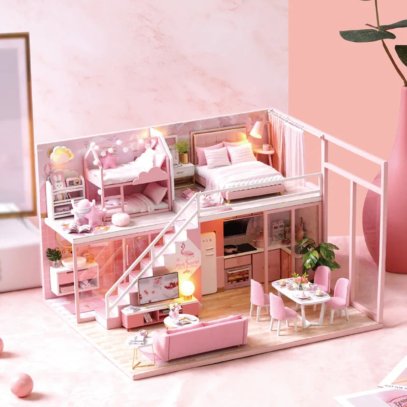 Maison de poupée en bois DIY – Puzzle 3D Duplex avec meubles, jouet cadeau