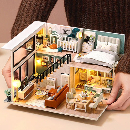 Maison de poupée en bois DIY – Puzzle 3D Duplex avec meubles, jouet cadeau