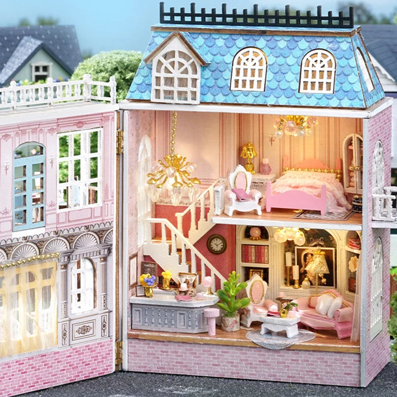 Kit bricolage maison de poupée en bois – Villa miniature rose avec meubles