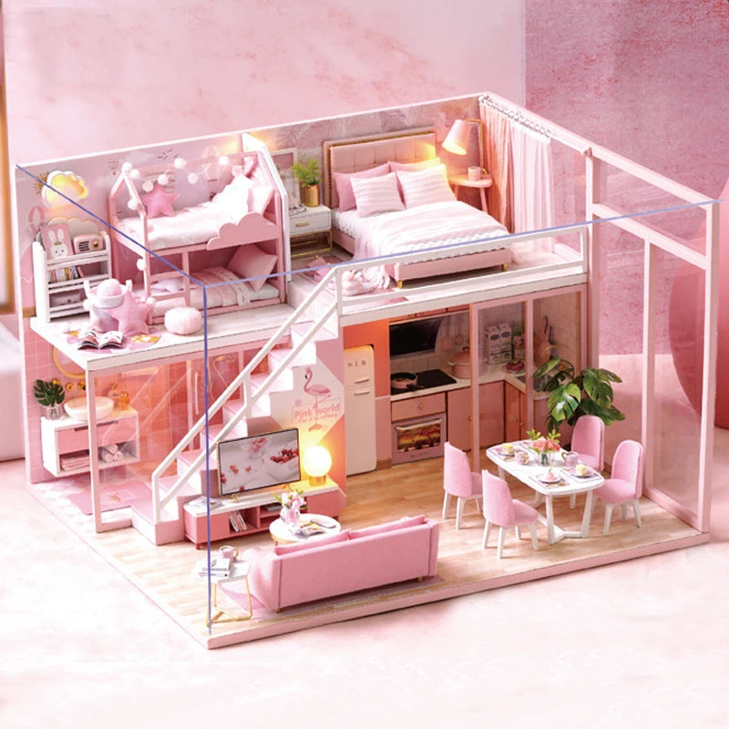 Maison de poupée en bois DIY – Puzzle 3D Duplex avec meubles, jouet cadeau