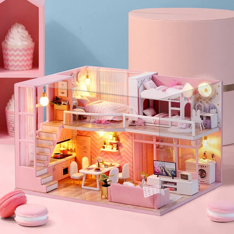 Maison de poupée en bois DIY – Puzzle 3D Duplex avec meubles, jouet cadeau