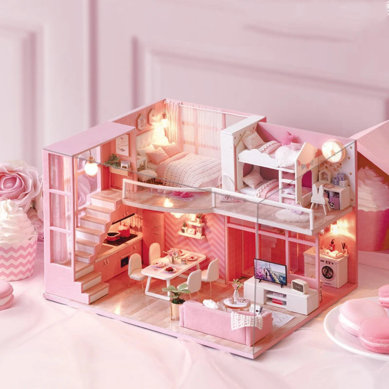 Maison de poupée en bois DIY – Puzzle 3D Duplex avec meubles, jouet cadeau