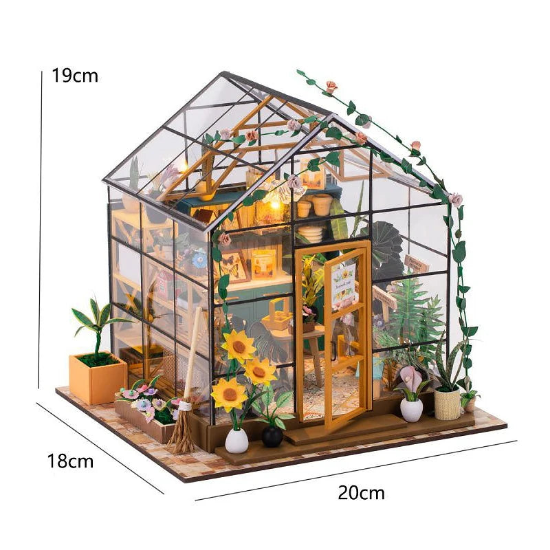Maison de poupée miniature DIY en bois – Jardin fleuri avec LED pour étagère