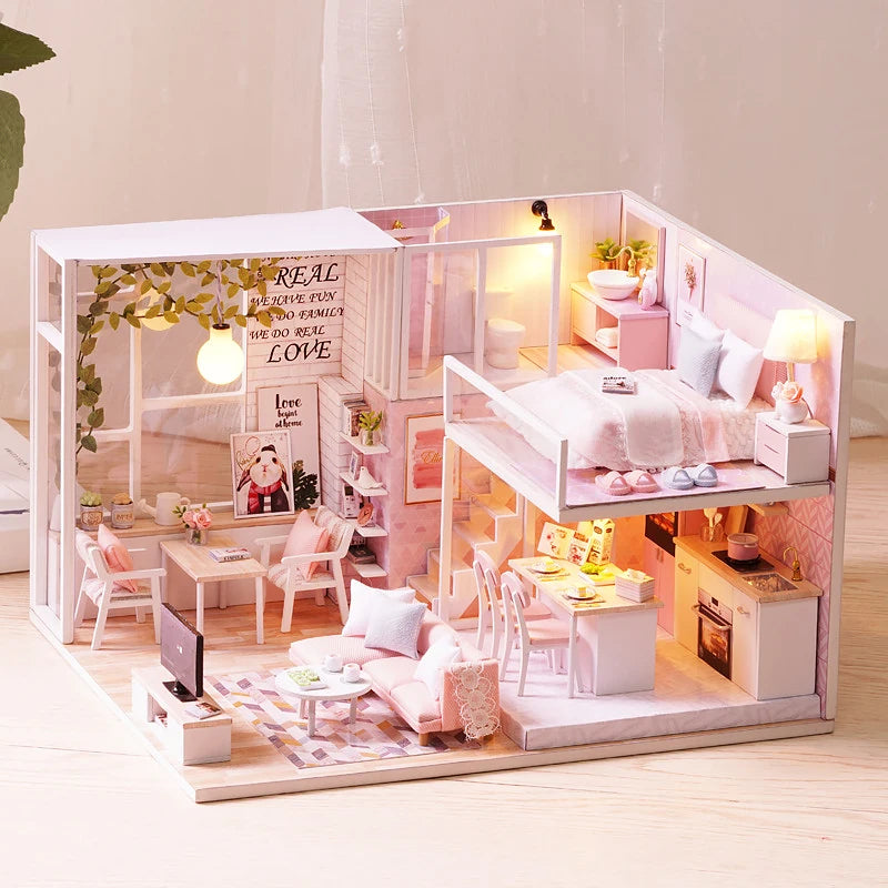 Maison de poupée en bois DIY – Puzzle 3D Duplex avec meubles, jouet cadeau